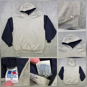 VTG 90s Russell Athletic Hoodie Mens XL Gray Navy Two Tone Colorblock Pullover